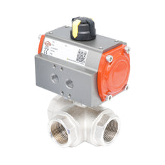 Vanne à bille pneumatique 3 voies à alésage en L en laiton Rp 1 1/2" - à double effet