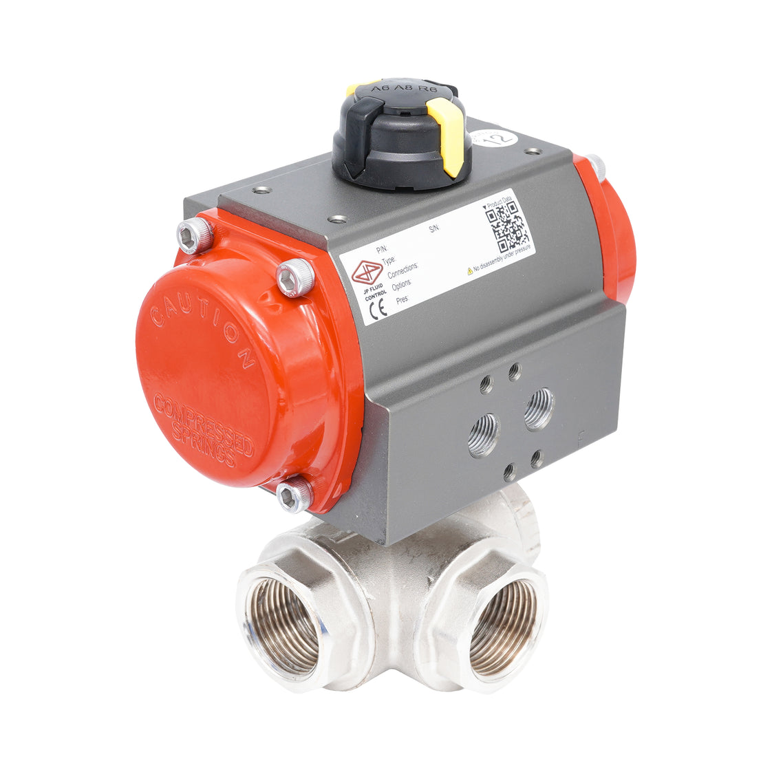 Vanne à bille pneumatique 3 voies à alésage en T en laiton Rp 1 1/2" - à fermeture par ressort