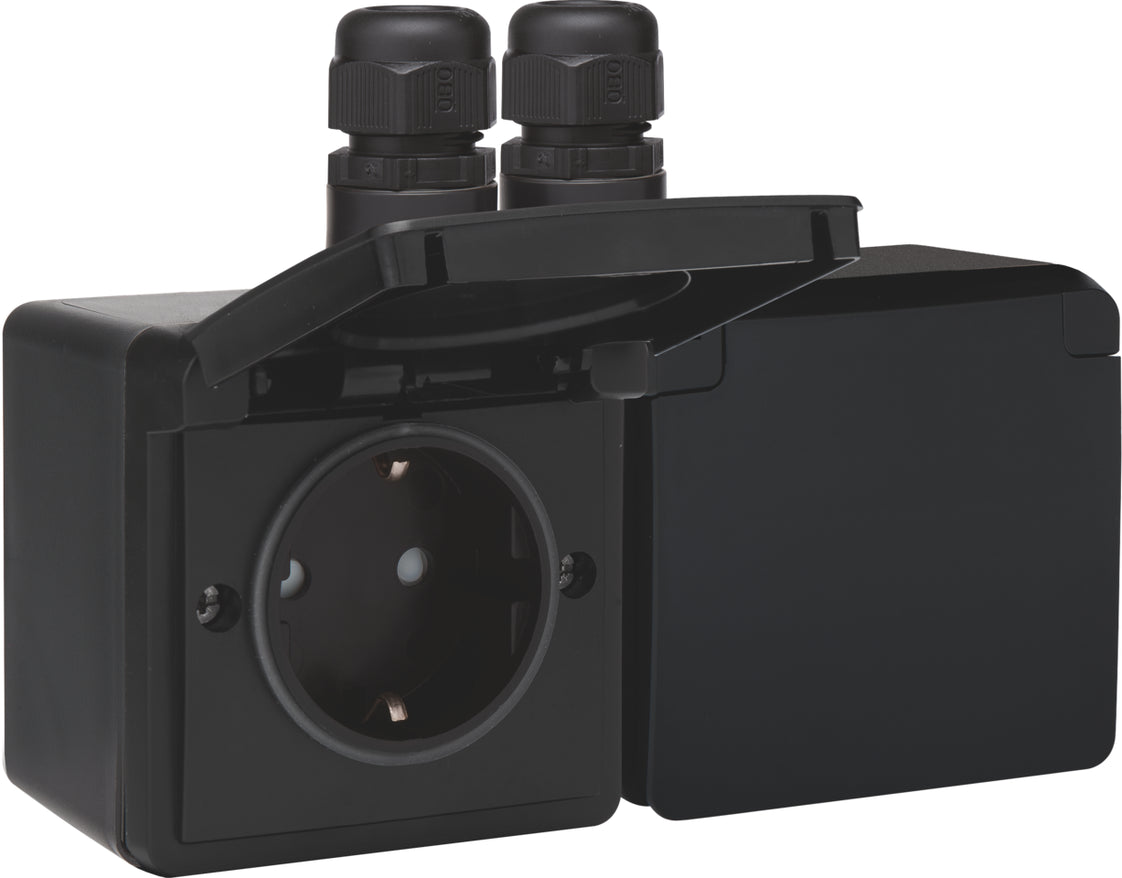 Dual Horizontal IP44 Socket Outlet 16A 250V Black - 761-37836