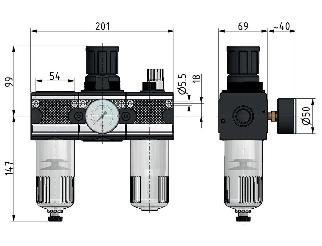 FRL 3 Parties G3/4'' 5800l/min 0.1-3.0bar/1-44psi Semi-Auto Polycarbonate Multifix 2