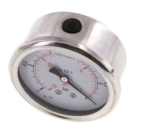 -1..0 Bar (-15..0 psi) Manomètre à glycérine Arrière Acier inoxydable/laiton 63 mm Classe 1.6