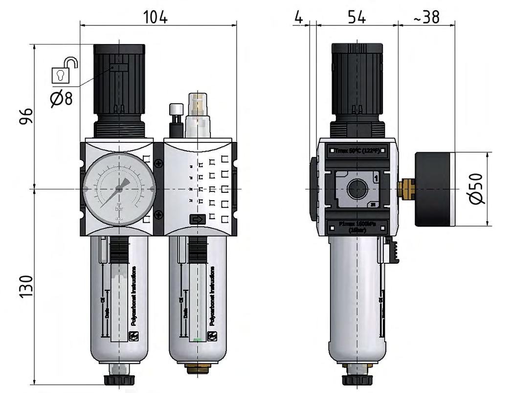 FRL 2 Parties G1/4'' 1750l/min 0.2-4.0bar/3-58psi Semi-Auto Métal Futura 1