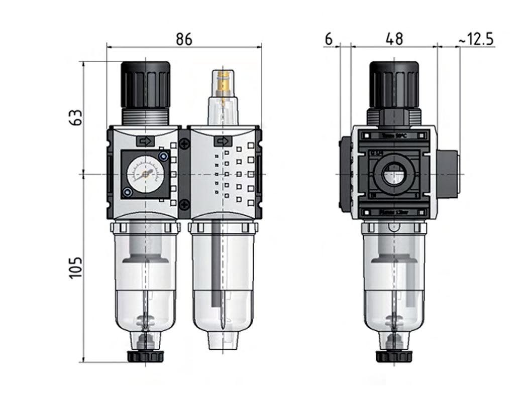 FRL 2 Parties G1/4'' 800l/min 0.2-4.0bar/3-58psi Semi-Auto 40 mm Manomètre Polycarbonate Futura 0