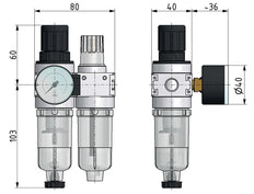 FRL 2 Parties G1/4'' 700l/min 0.5-10.0bar/7-145psi Semi-Auto 40 mm Manomètre Polycarbonate Multifix 0