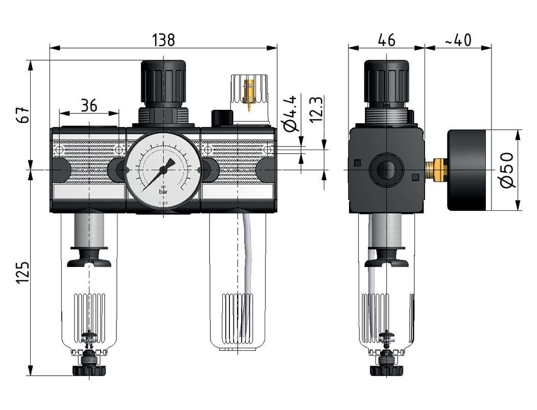 FRL 3 Parties G1/4'' 1200l/min 0.5-10.0bar/7-145psi Auto Metal Multifix 1