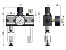 FRL 3 Parties G1/4'' 1200l/min 0.5-10.0bar/7-145psi Auto Metal Multifix 1