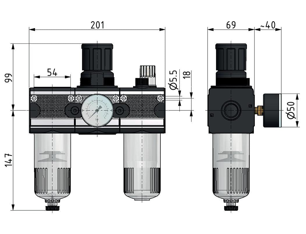 FRL 3 Parties G3/4'' 5800l/min 0.1-3.0bar/1-44psi Semi-Auto Polycarbonate Multifix 2