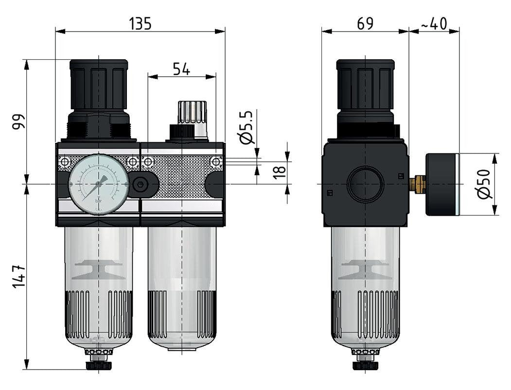 FRL 2 Parties G1/2'' 5800l/min 0.2-6.0bar/3-87psi Auto (Fermé Sans Pression) Polycarbonate Multifix 2