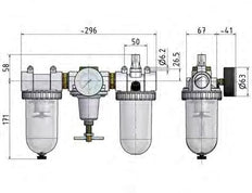 FRL 3 Parties G3/4'' 3200l/min 0.5-16.0bar/7-232psi Auto Polycarbonate Standard 3