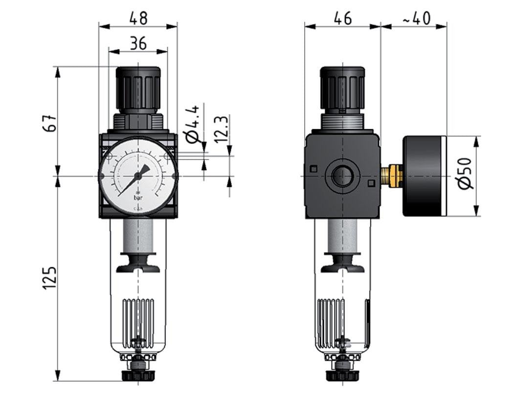 Filtre-régulateur G3/8'' 1600l/min 0.5-10.0bar/7-145psi Semi-Auto Polycarbonate Multifix 1