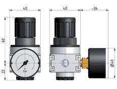 Régulateur de pression G1/8'' 1450l/min 0.2-6.0bar/3-87psi Manomètre 40 mm Multifix 0