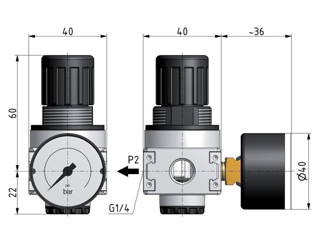 Regulateur de pression pour assemblage de collecteur G1/4'' 1450l/min 0.1-3.0bar/1-44psi en fonte de zinc 40 mm Manomètre Multifix 0