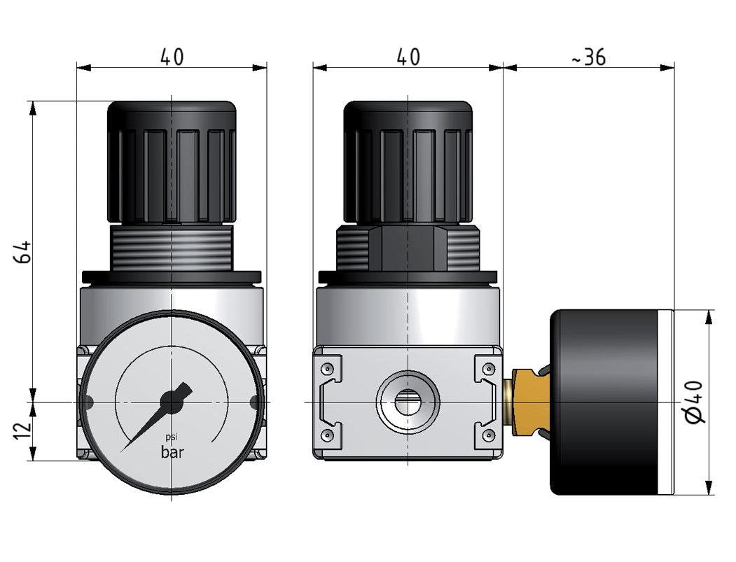 Régulateur de pression G1/4'' 700l/min 0.2-6.0bar/3-87psi Manomètre 40 mm Multifix 0