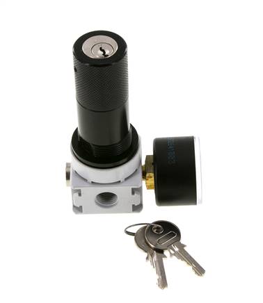 Régulateur de pression G1/4'' 700l/min 0.1-3.0bar/1-44psi Manomètre 40 mm Serrure à cylindre Multifix 0