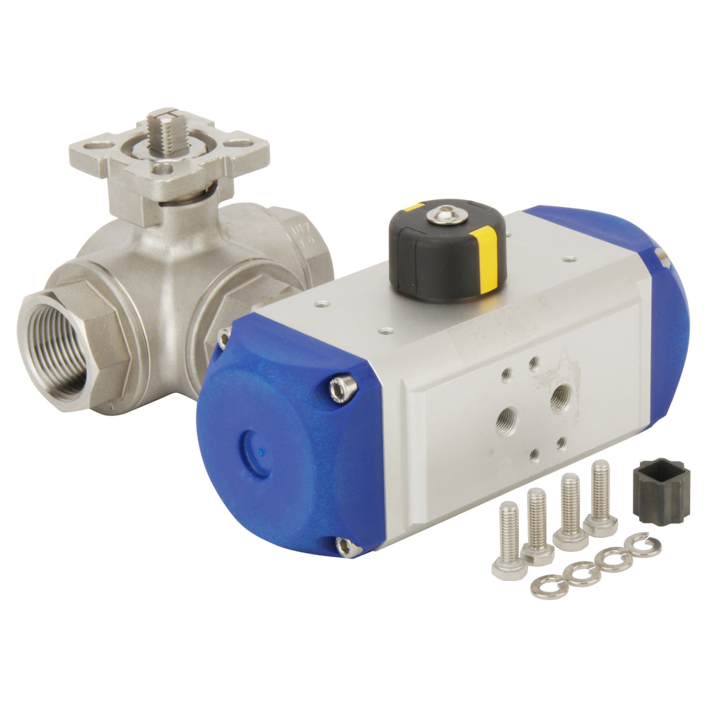 G1'' 3-Way T-port Pneumatic Ball Valve Stainless Steel Spring Open - BL3SA