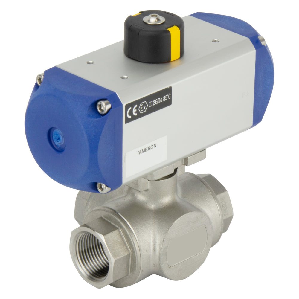 G1'' 3-Way T-port Pneumatic Ball Valve Stainless Steel Spring Closed - BL3SA