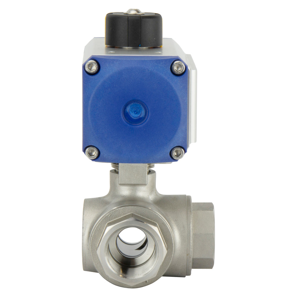 G1'' 3-Way T-port Pneumatic Ball Valve Stainless Steel Spring Closed - BL3SA