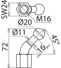 Pointe à bille fixe D 20mm coudée à 45 degrés avec filetage femelle M16 - 706600