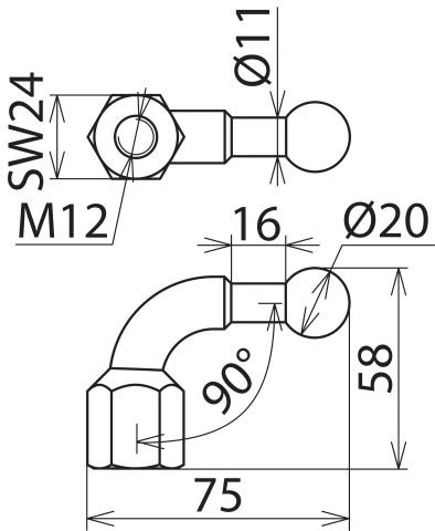 Pointe à bille fixe coudée 20mm avec filetage femelle M12 - 707200