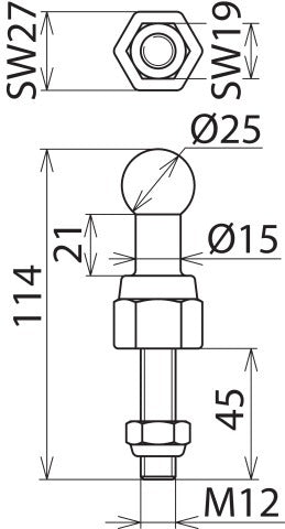 Dehn Fixed Ball Point Boulon et écrou à filetage droit 25mm M12x45mm - 755245