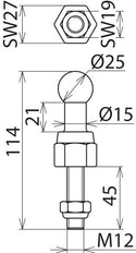Dehn Fixed Ball Point Boulon et écrou à filetage droit 25mm M12x45mm - 755245