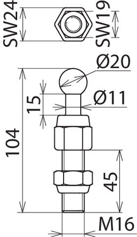 Pointe à bille fixe avec boulon fileté et écrou M16x45mm D20mm droit - 754645