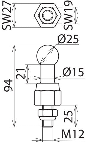 Pointe à bille fixe de Dehn avec boulon fileté et écrou M12x25mm - 755225