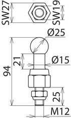 Pointe à bille fixe de Dehn avec boulon fileté et écrou M12x25mm - 755225