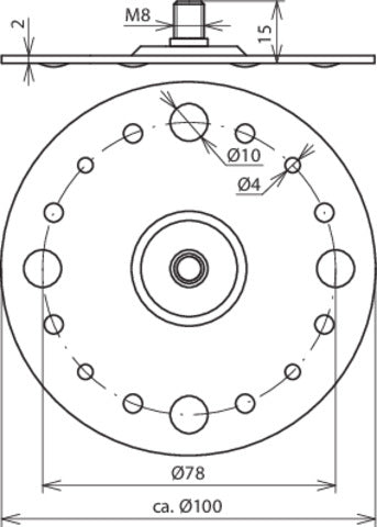 Plaque de fixation Dehn D 100mm avec boulon fileté M8 et 4 trous - 297015