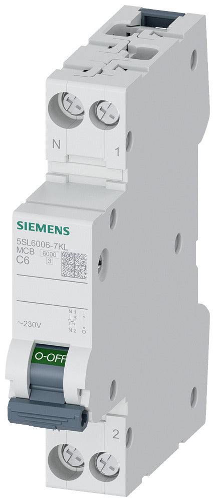 Disjoncteur Siemens 5SL6 C6A 230V 6kA 1P+N - 5SL60067KL