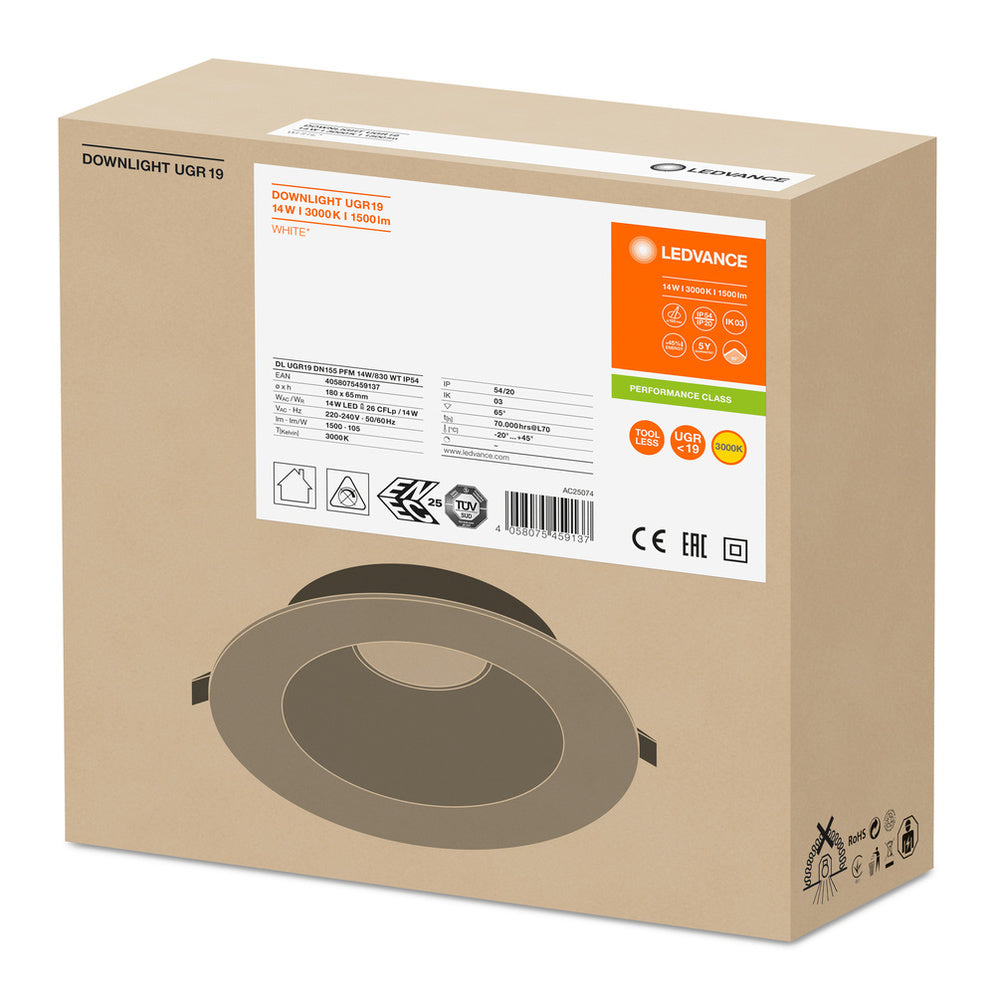 Éclairage LED Encastré Faible Éblouissement UGR19 DN155 14W IP54 - 4058075459137