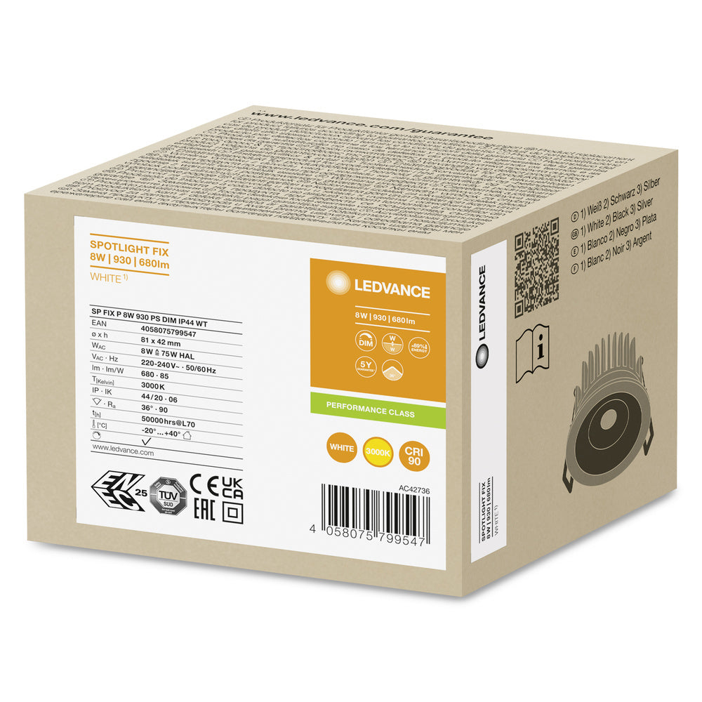 Ledvance 8W Spot Led Encastré Fixe IP44 Blanc Chaud - 4058075799547