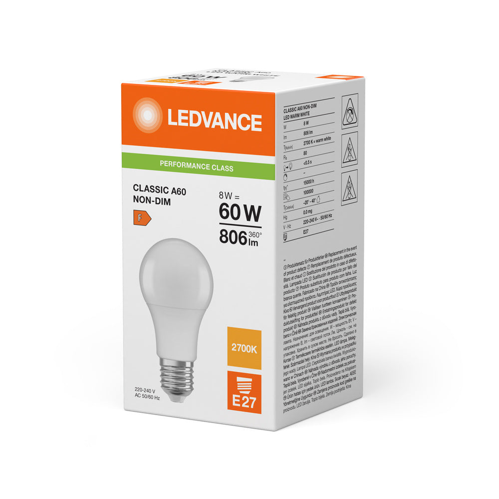LEDVANCE Classic A60 Ampoule LED 8.5W E27 2700K 806LM - 4099854049088 [2 Pièces]