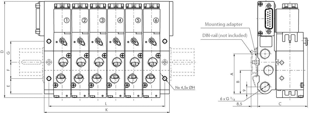 G1/4'' 12x Terminal de vanne pneumatique 24V DC 1.5-8bar/21.0-112psi Multi-pole E.MC