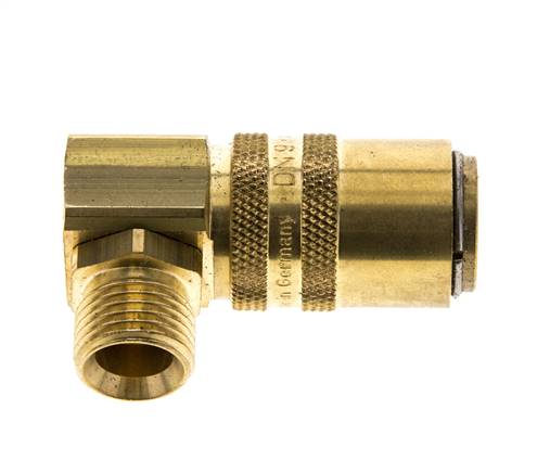 Laiton DN 9 Coupleur de moule Filets mâles M16x1.5 Protection contre le déverrouillage Double obturation 90-deg