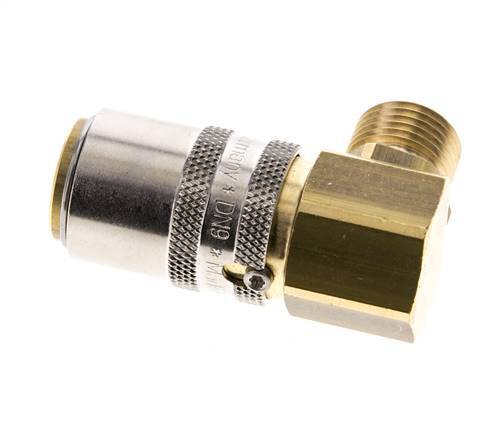 Laiton DN 9 Coupleur de moule Douille M16x1.5 Filets mâles Protection contre le déverrouillage 90-deg