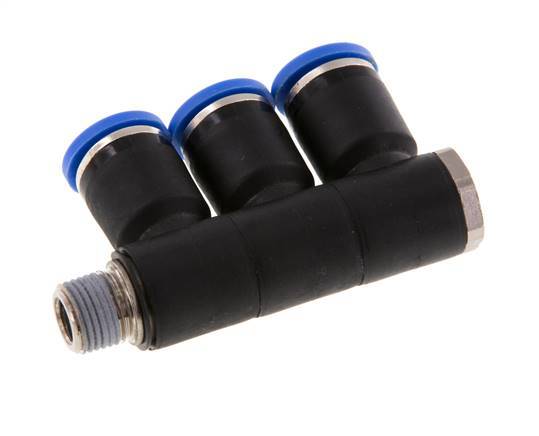 8mm x R1/8'' Manifold à 3 voies avec filetages mâles Laiton/PA 66 NBR Rotatif