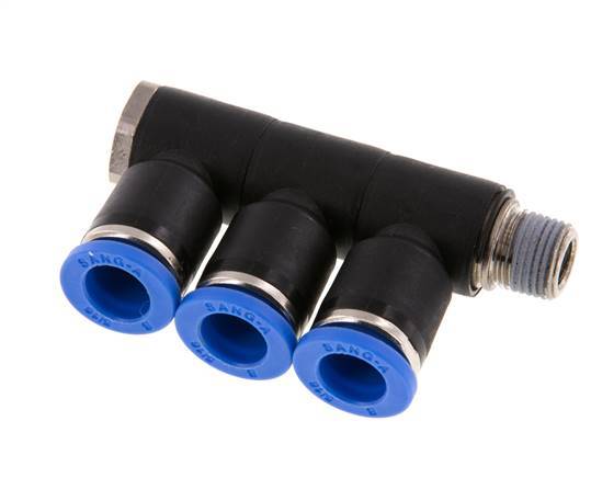 8mm x R1/8'' Manifold à 3 voies avec filetages mâles Laiton/PA 66 NBR Rotatif