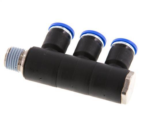 8mm x R1/4'' Manifold à 3 voies avec filetages mâles Laiton/PA 66 NBR Rotatif