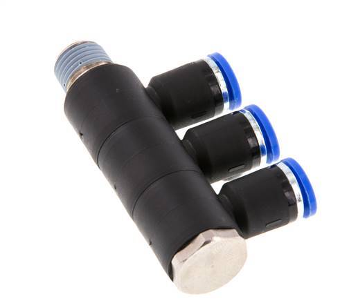 8mm x R1/4'' 3-way Manifold Push-in Fitting with Male Threads Brass/PA 66 NBR Rotatable
