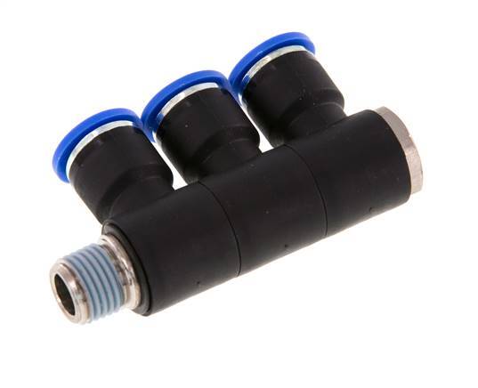 10mm x R1/4'' 3-way Manifold Push-in Fitting with Male Threads Brass/PA 66 NBR Rotatable