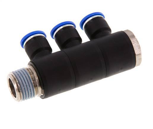 10mm x R1/2'' 3-way Manifold Push-in Fitting with Male Threads Brass/PA 66 NBR Rotatable