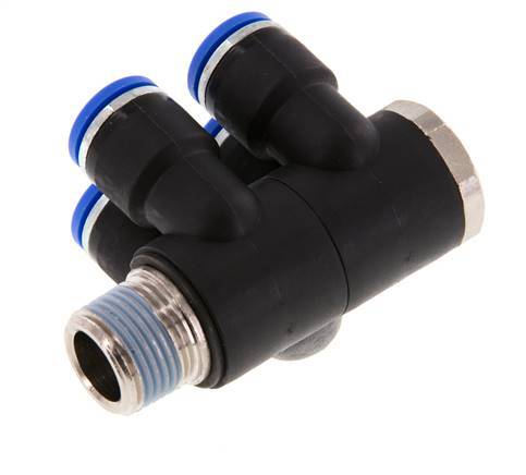 10mm x R3/8'' 4-way Manifold Push-in Fitting with Male Threads Brass/PA 66 NBR Rotatable