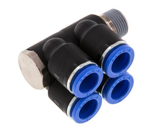 12mm x R3/8'' 4-way Manifold Push-in Fitting with Male Threads Brass/PA 66 NBR Rotatable