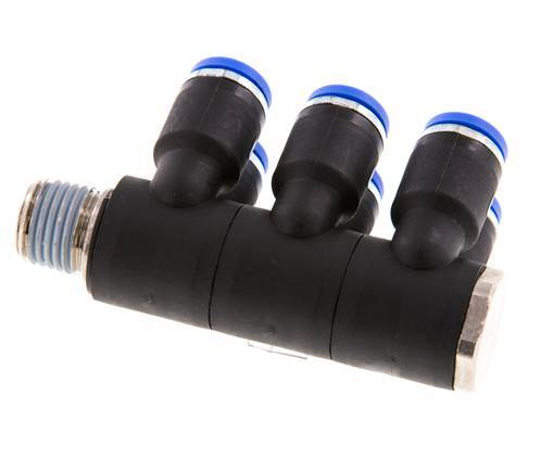 8mm x R1/4'' Manifold à 6 voies avec filetage mâle Laiton/PA 66 NBR Rotatif