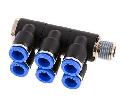 8mm x R1/4'' Manifold à 6 voies avec filetage mâle Laiton/PA 66 NBR Rotatif