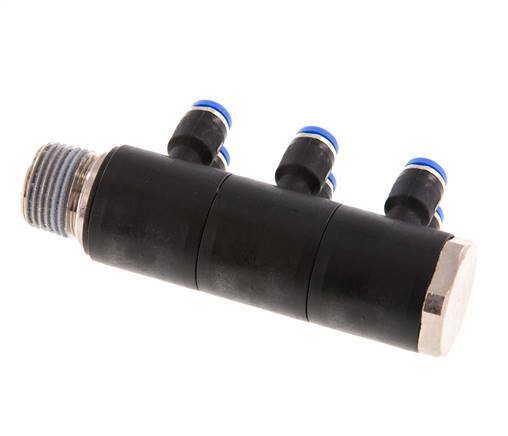 4mm x R3/8'' 6-way Manifold Push-in Fitting with Male Threads Brass/PA 66 NBR Rotatable