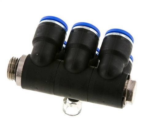 10mm x G1/4'' 6-way Manifold Push-in Fitting with Male Threads Brass/PA 66 NBR Rotatable