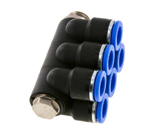 10mm x G1/4'' 6-way Manifold Push-in Fitting with Male Threads Brass/PA 66 NBR Rotatable