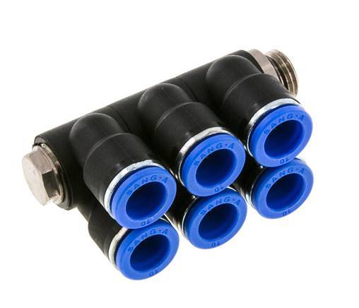 10mm x G1/4'' Manifold à 6 voies avec filetages mâles Laiton/PA 66 NBR Rotatif